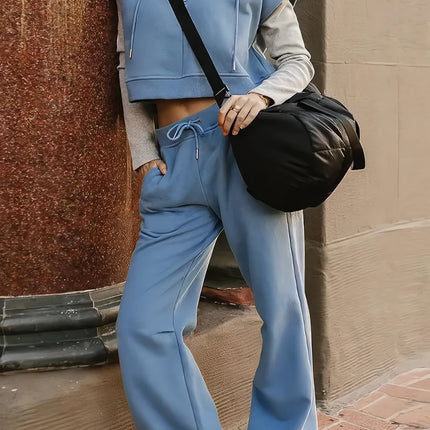 Ensemble deux pièces haut court à capuche et pantalon à cordon de serrage pour femme, style urbain décontracté