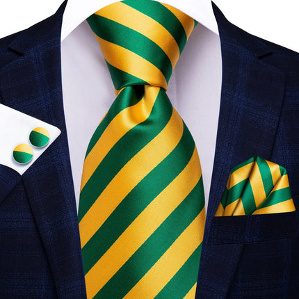 Corbata de seda a rayas amarillas y verdes para hombre: corbata, pañuelo y gemelos