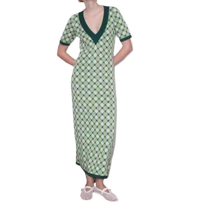 Green Plaid Retro V-neck Knitted Mid-length Dress