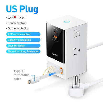 Chargeur rapide GaN 65 W avec multiprise de bureau numérique et contrôle intelligent