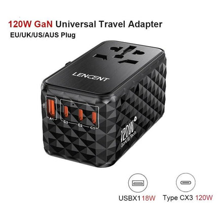 Chargeur rapide universel GaN 120 W avec adaptateur de voyage multi-régions