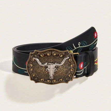 Ceinture en cuir PU imprimé avec boucle de cowboy western vintage