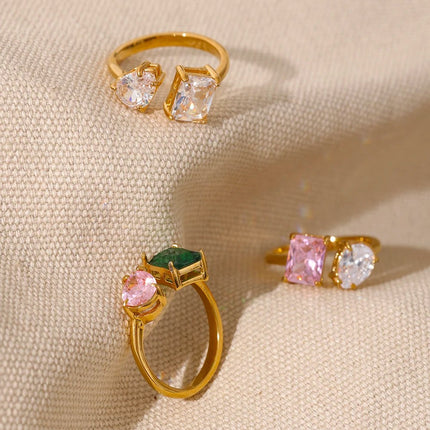 Bague ouverte ajustable et étanche avec zircone cubique rose et verte
