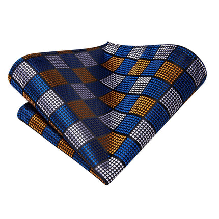 Conjunto de corbata de seda a cuadros azul y dorado para hombre