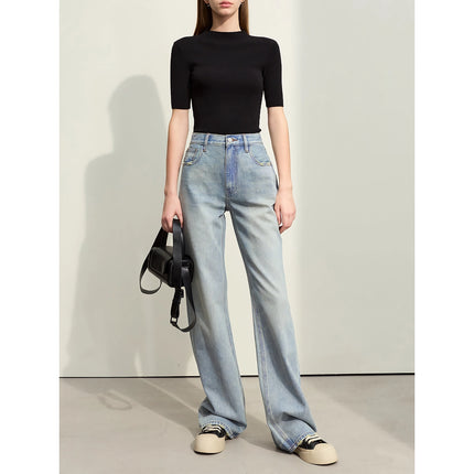 Pantalon en denim droit délavé minimaliste pour femme