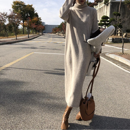 Vestido de cachemira para otoño e invierno para mujer, largo por debajo de la rodilla, holgado, cuello alto