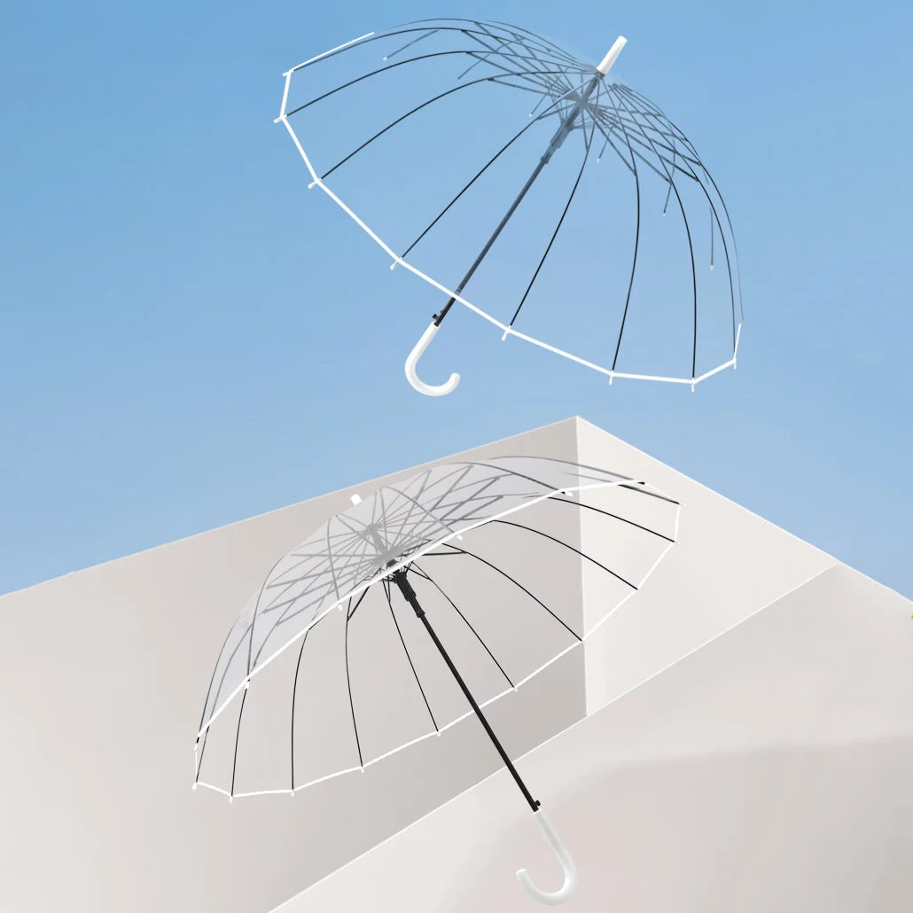 Transparent 16-Rib Long-Handle Umbrella