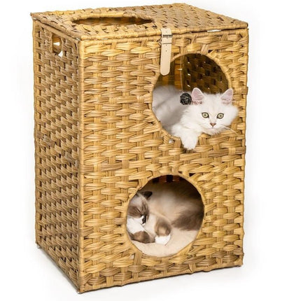 Wicker Cat Bed with Rattan Condos & Cushion - Wnkrs