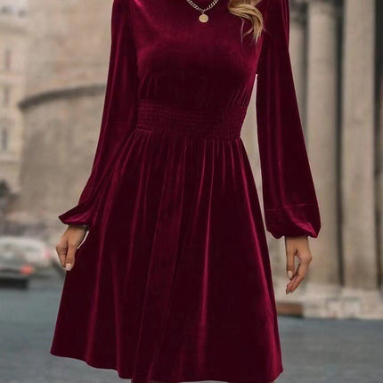 Graceful Stand Collar Solid Color Velvet Long Sleeve Dress