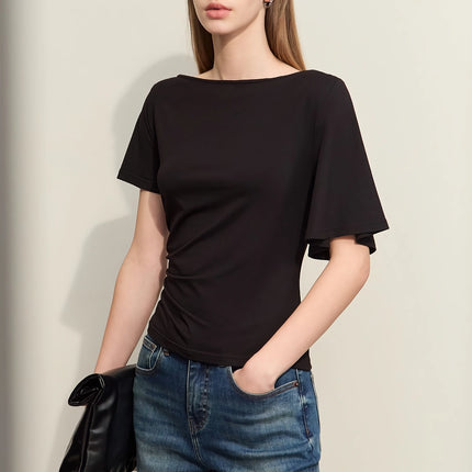 T-shirt minimaliste asymétrique à col slash pour femme