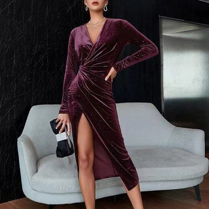 Women's V-neck Asymmetric Skirt Dress Gold Velvet Evening Dress