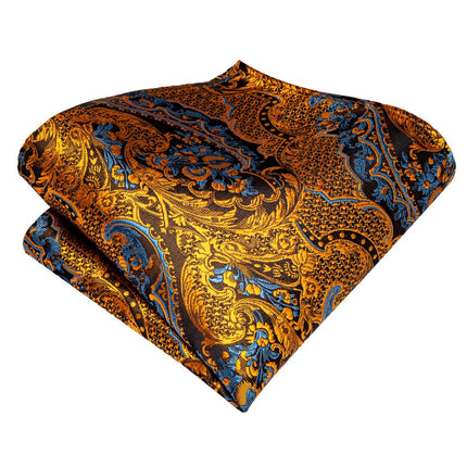 Conjunto de corbata de seda de lujo con estampado floral negro y dorado, pañuelo de bolsillo y gemelos