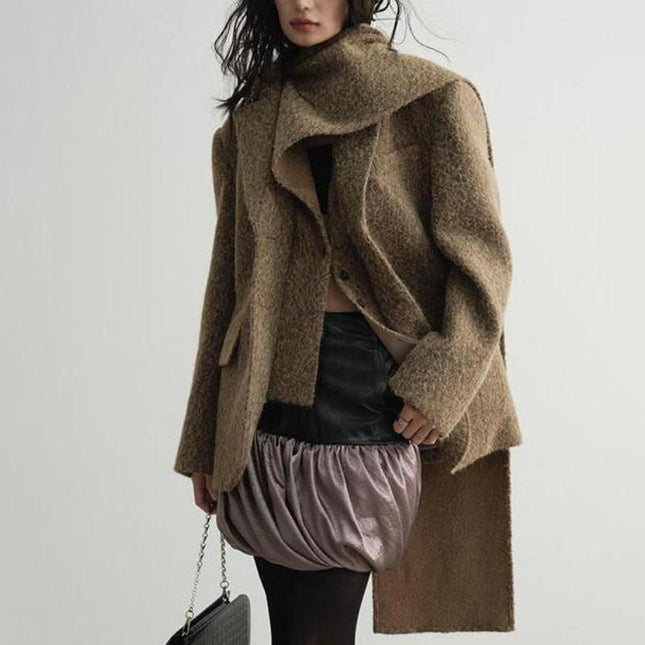 Elegante blazer de lana texturizada con cuello estilo bufanda para mujer