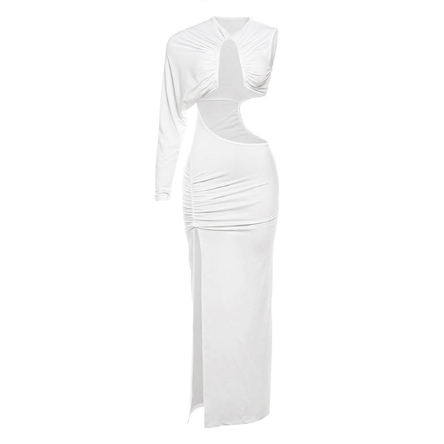 Robe longue plissée de couleur unie pour femme