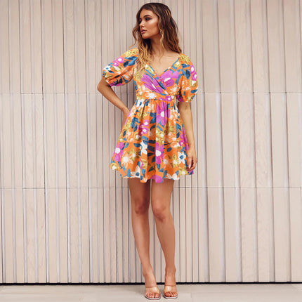 Vestido con cuello en V y mangas abullonadas con estampado de flores Y2K para vacaciones de verano, vestidos cortos de playa, ropa de moda para mujer