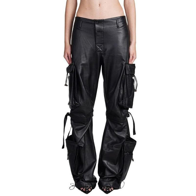 Pantalon cargo en cuir patchwork uni taille haute