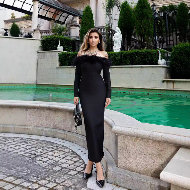 Vestido de una pieza con cuello de piel y vendaje para mujer