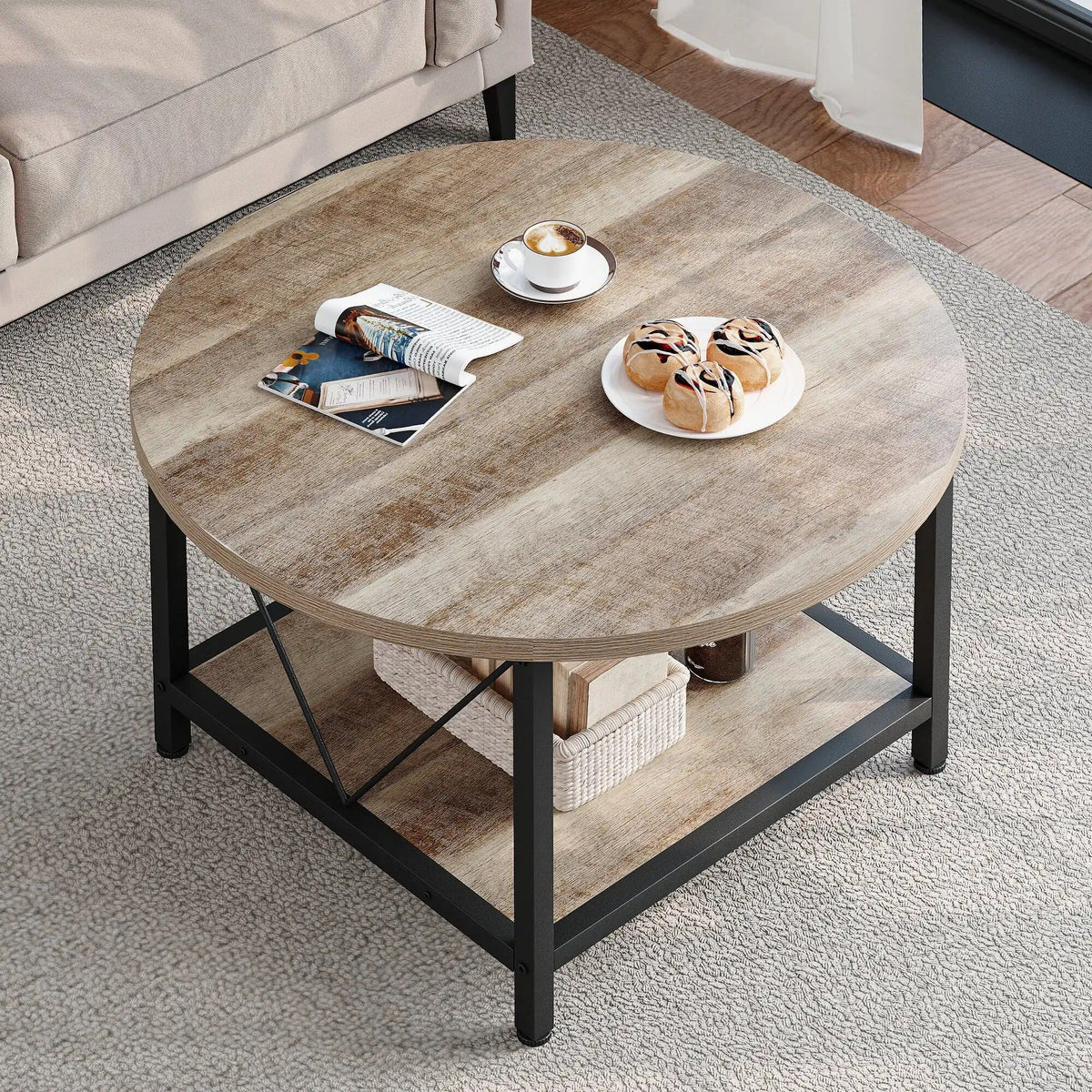 Rustic Oak Round Coffee Table with Metal Legs & Storage