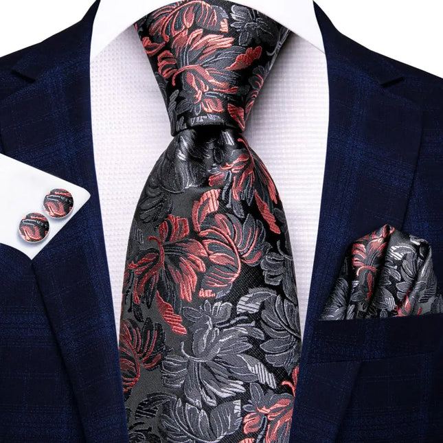 Elegante conjunto de corbata de seda negra y roja con diseño floral para hombre