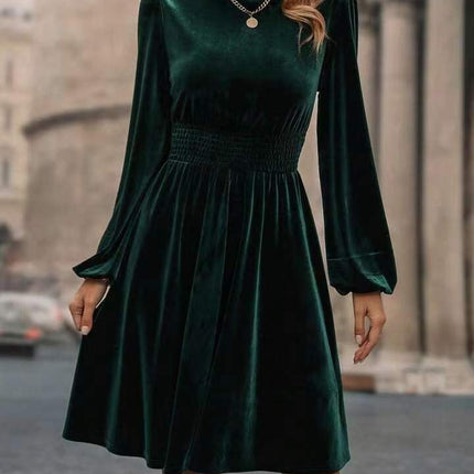 Graceful Stand Collar Solid Color Velvet Long Sleeve Dress