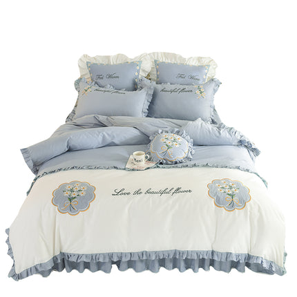 Summer Ruffled Cotton Four-piece Set Girl Heart Embroidery Flower Quilt Cover - Wnkrs