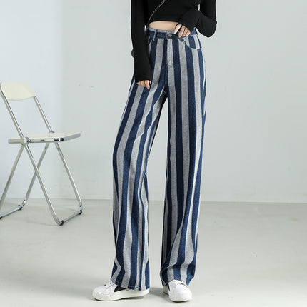High Waist Vintage Stripe Print Cotton Jeans