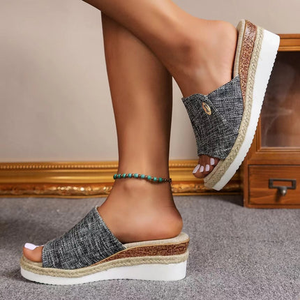 Sandalias de cuña de lona vaquera para mujer, zapatos de tacón alto de cáñamo a la moda para verano, con suela gruesa y boca de pescado para exteriores