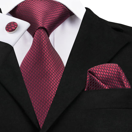 Elegant Red Burgundy Silk Wedding Tie with Matching Handkerchief and Cufflinks