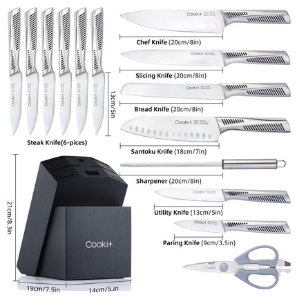 Kitchen Knife Set, 15 Piece Knife Sets with Block, Chef Knives with Non-Slip German Stainless Steel Hollow Handle Cutlery Set with Multifunctional Scissors Knife Sharpener  Amazon Platform Banned - Wnkrs