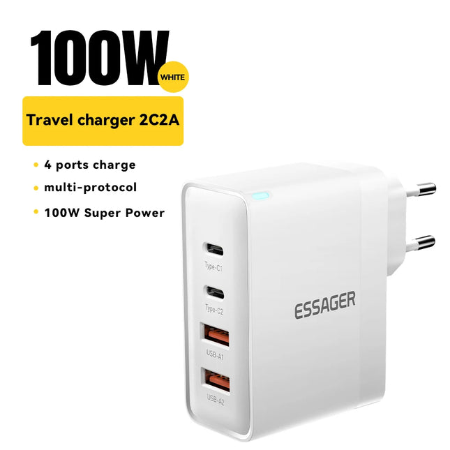 Chargeur rapide USB-C 100 W avec 4 ports pour ordinateurs portables et téléphones