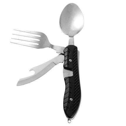 Stainless Steel 4-in-1 Camping Utensil Set: Foldable Spoon, Fork, Knife, Bottle Opener - Wnkrs