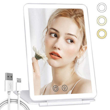 Espejo de maquillaje LED con pantalla táctil, plegable, iluminación de 3 colores, recargable por USB