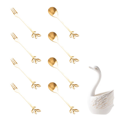 8-Piece Ceramic Swan Fruit Fork and Spoon Set with Holder