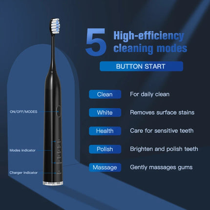 Brosse à dents électrique sonique avec 5 modes – Blanchiment et nettoyage en profondeur, étanchéité IPX7