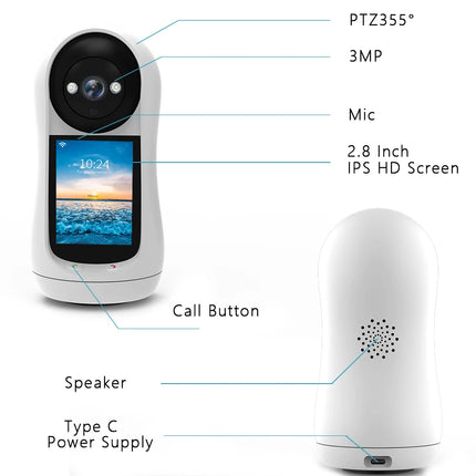 3MP PTZ WiFi Camera Baby Monitor with 2.8” IPS Screen & Cry Detection