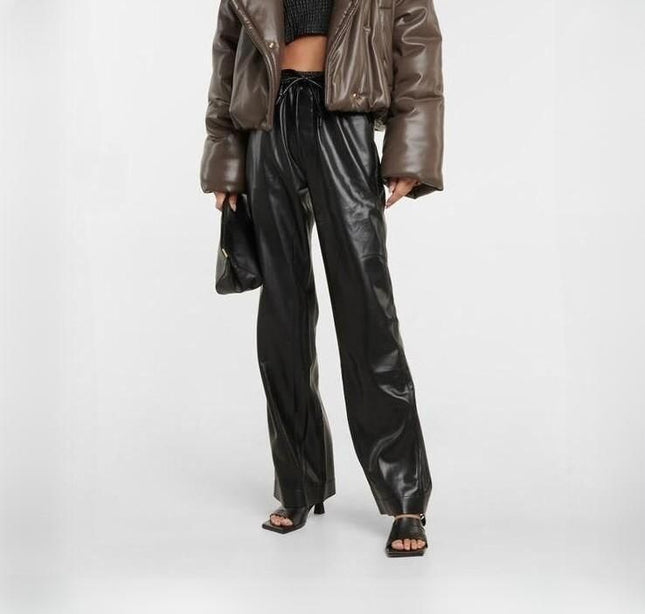 Pantalon droit en cuir noir rétro pour femme