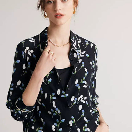 Chic Navy Floral Silk Blouse