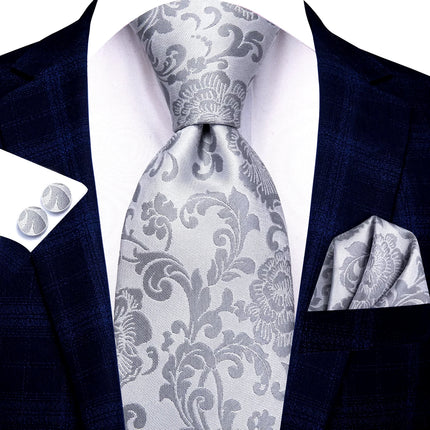 Elegante conjunto de corbata para hombre con diseño floral en gris plateado