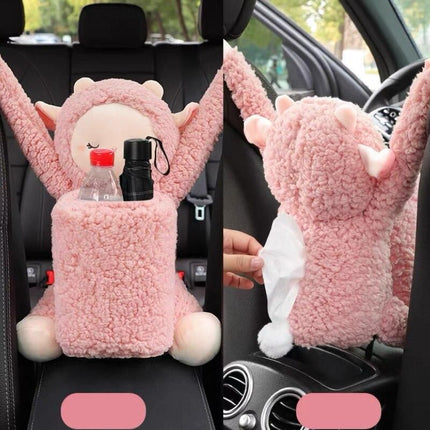 Cartoon Plush Car Tissue Holder with Integrated Trash Cabin - Wnkrs