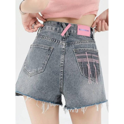 Short en jean décontracté taille haute brodé pour femme