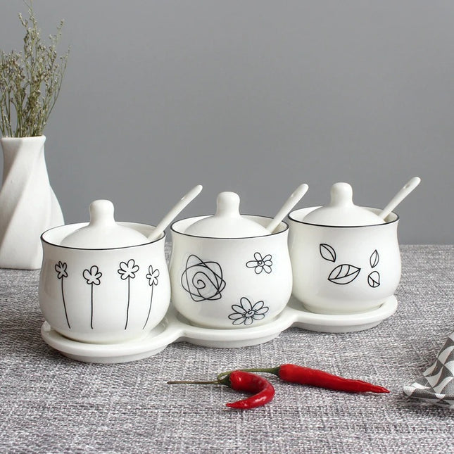 Latas de cerámica creativas para condimentos con cuchara y bandeja