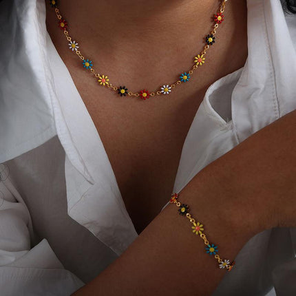 Ensemble de bijoux en acier inoxydable à motif de fleurs de Bohème - Ensemble collier et bracelet colorés pour femme