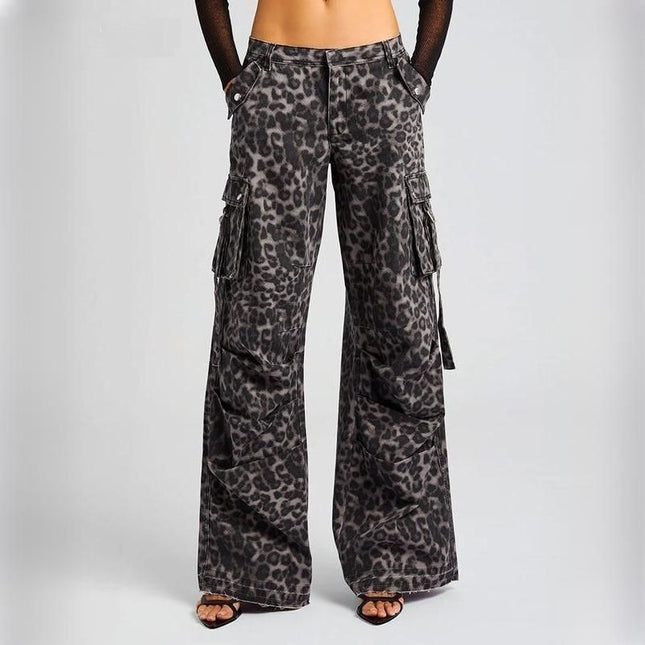 Pantalon large taille haute à imprimé léopard