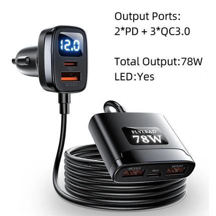 Chargeur de voiture 78 W à 5 ports avec LED et adaptateur USB C à charge rapide pour voitures