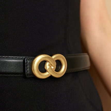 Ceinture en cuir véritable pour femme avec boucle à double anneau dorée