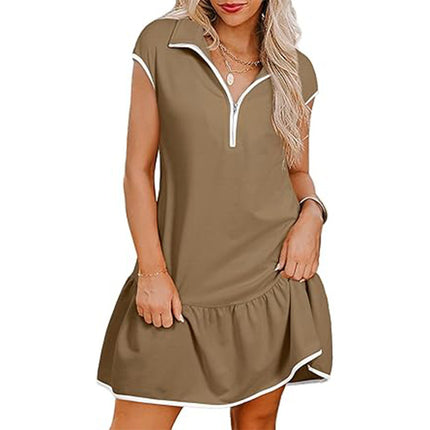 Women's Short Sleeve Polo Collar Zipper Waist Dress