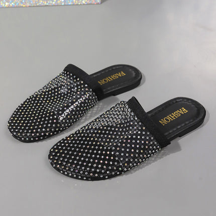 Sandalias transparentes con punta hueca y diamantes de imitación para mujer, zapatillas de verano a la moda para exteriores, zapatos planos