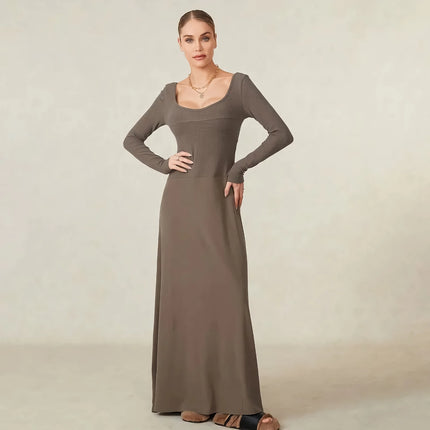 Elegant Autumn Women Knit Long Dress with Square Neck