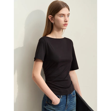 T-shirt minimaliste asymétrique à col slash pour femme