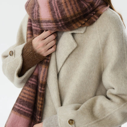 Bufanda de invierno a cuadros acogedora para mujer: diseño de borlas en color café rosa, cálida y elegante